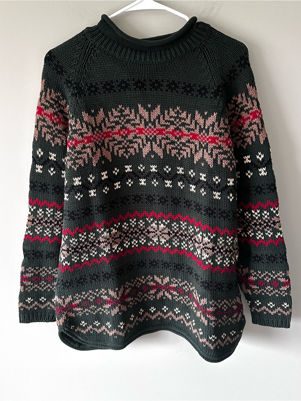 90s Eddie Bauer Sweater Med Fair Isle Nordic Cotton Green Vintage Rollneck
